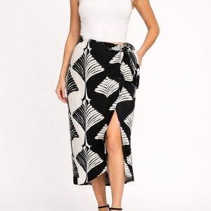 House of Harlow 1960 Black White Leaf Print Wrap Maxi Skirt Linen Blend M Boho